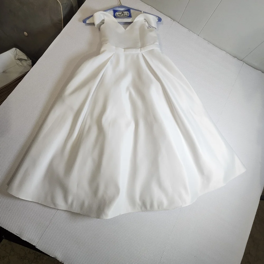 David's Bridal Girl Satin Off Shoulder White Dress W/ Some Light Imperfections - Picture 9 of 11